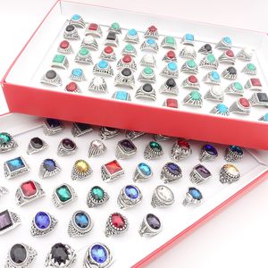 Wholesale 50PCs Lot Mix Styles Vintage Womens Rings Antique Silver Plated Turquoise Glass Stone Mens Fashion Jewelry Party Gifts