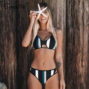 Seaselie Sexy Blue White and Blue Paski Bikini Zestawy Swimsuit Dwie Kawałki Stroje Kąpielowe Kobiety Summer Beach Strój kąpielowy 210702