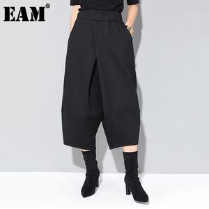 [EAM] İlkbahar Sonbahar Yüksek Elastik Bel Siyah Gevşek Büyük Cebi Kısa Gevşek Harem Pantolon Kadın Pantolon Moda JQ012 210512