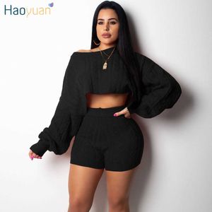 HAOYUAN Zwei Stück Set Frauen Kleidung Herbst Winter Club Outfits Langarm Stricken Crop Pullover Top Shorts Sexy 2 Stück passenden Sets Y0625