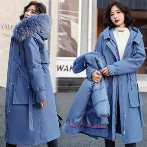 Fur Collar Long Hooded Parka Winter Jacket Women Big Pocket Justerbar Midja Bomull Liner Coat Tre sätt att bära 210923