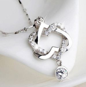 Pendant Necklaces Double Damen Halskette Herz Anh￤nger Silber Herzkette Heart Schmuck Kette Crystal Rhinestone Zircon Necklace