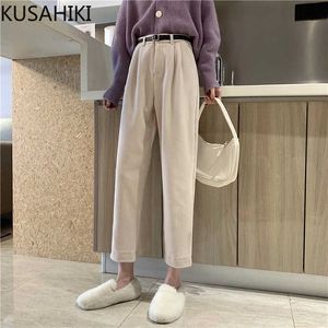 Koreanska Kausal Kvinnor Byxor Bälte Hög midja Eleganta Ankelbyxor Vår Rak Mujer Pantalones 6E598 210603