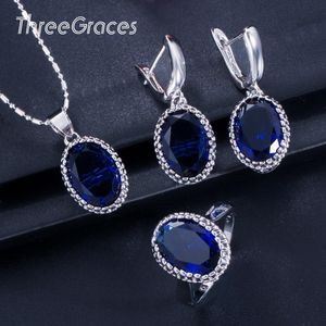 Earrings & Necklace ThreeGraces Fashion Designer Cubic Zirconia Crystal Jewelry Oval Royal Blue Earring And RingSet For Women JS197