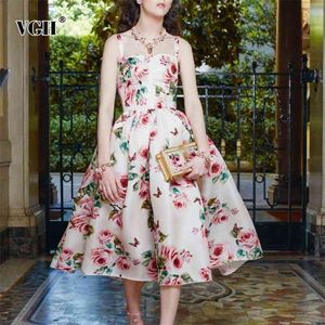 女性のための花柄のプリントスリングドレスのためのスクエアカラーノースリーブの高い腰のヒット色ビンテージ夏のドレス女性のファッション210531