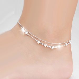 Sexy Barefoot Jewelry Plata star beads star mix design Double-deck anklet for women girl silver color Foot Bracelet