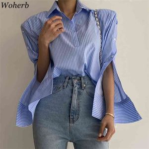 Coreano Primavera Verão Mulheres Blusa Causal Striepd Split Side Sleeve Camisa Elegante Moda Blusas Mujer 210519