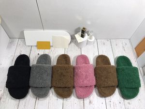 Mit Box Luxurys Designer Frauen Sticken Hausschuhe Wolle Slide Winter Pelz Flauschige Pelz Buchstaben Sandalen Warme Slides Fuzzy Girl Flip Flop Schwarz Braun Flache Slipper