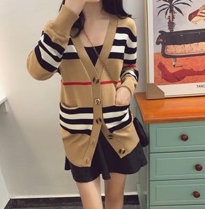 Woman Tops Knits Striped Cardigan Mid-length Color Matching Temperament V-neck Slimming Of Knitted Sweater Jacket Women Long Sleeve Tunics