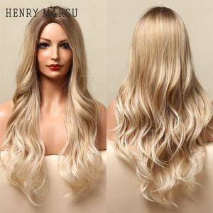 Long Natural Wave Synthetic Wigs Ombre Brown Golden Blonde Cosplay Party Wig for Women Middle Part Heat Resistantfactory direct