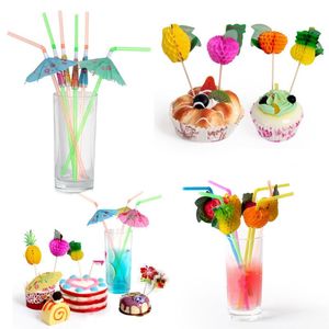 Stoviglie usa e getta Ananas Cupcake Topper Frutta Stuzzicadenti Ombrello Cannucce per Hawaii Tema Beach Party Decorazione Matrimonio Torta di compleanno