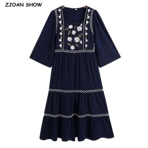 Summer Bohemia Ethnic Round Neck Embroidery Flower Dress Hippie Women 3/4 Sleeve Loose Midi Long Dresses Holiday 210429