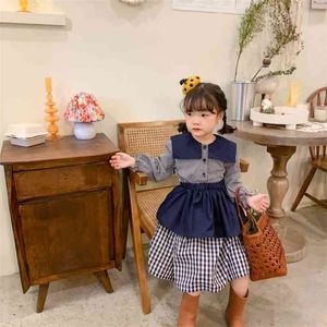 春の到着の女の子長袖チェック柄のドレス子供韓国のデザインwiithエプロン210528