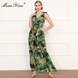 Moda Designer Vestido Verão Mulheres Vestido V-Decote Abacaxi Folha Verde Floral-Print Resultas Bohemia Maxi Vestidos 210524
