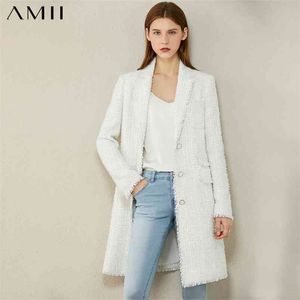 Minimalizm Sonbahar Kış Moda Tüvit Ceket Mizaç Ekose Yaka Tek Göğüslü Uzun Blazer Kadın Coat 12070378 210527