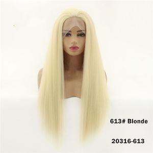 613 Blondynka Syntetyczna Lacetal Wig Symulacja Ludzkich Włosów Koronki Przodu Przodu 12 ~ 26 cali Długie jedwabiste proste 20316-613