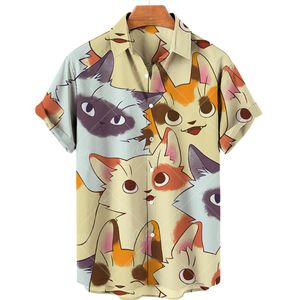 Camisetas masculinas com estampa de gato verão 2022 algodão macio roupas 3d masculino/feminino com decote em V botões de moda personalidade tops camisas de lapela havaianas