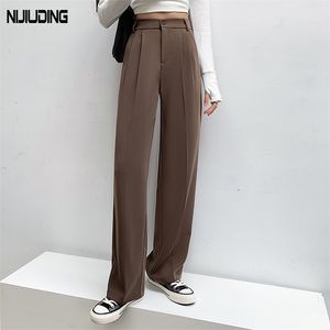 Outono Cintura Alta Cintura Reta Calças Mulheres Sólida Escritório Senhoras Largamente Pants Feminino Feminino Adicionar Calças Longas Mujer Pantalones 211112