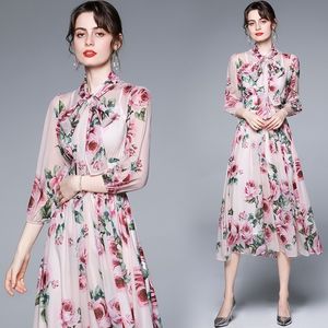 Summer Fashion Runway Boho Maxi Dresse da manga longa rosa flores impressão feriado elegante vestido 210531