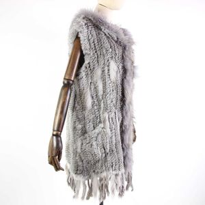 Harppihop päls ny naturlig päls väst äkta kanin päls stickad gilet med hooded long coat jackor kvinnor vinter v-211-05 Q0827