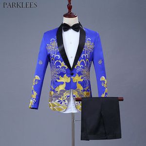 Royal Blue Shawl Collar Suit Men Piece Suit Jacket Pants Wedding Groom Dress Suits Men Stage Singer Clothes Terno Masculino