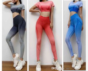 Kadınlar Fitness Spor Eşofmanları Asılı Boyalı İki Parça Yoga Takım Elbise Moda Kademeli Renkler Sıkı Elastik Koşu Elbise Dört Mevsim Spor Giysileri