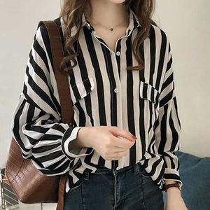 Blusas Mujer de moda с длинным рукавом полосатый шифон блузка отключить воротник офисные дамы топы 3XL 4xL плюс размер топы C349 210602