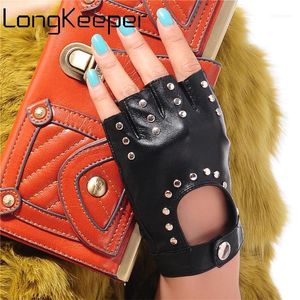 Longokeeper kvinnor pu läder halvfinger handskar nitar fingerlösa vantar för kvinnlig körning dans svart luvas guantes1