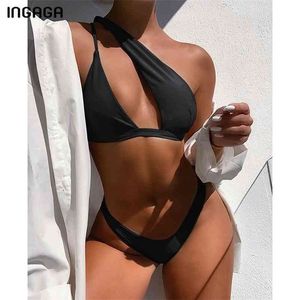Ingaga One Ramię Bikinis Stroje kąpielowe Wyciąć Stroje Kąpielowe Kobiety Czarny Thong Biquini Wysokie garnitury kąpielowe Push Up Swim Siatek 210621