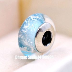 2pcs S925 Sterling Silver Murano Glass Light Blue Fluorescent Signature Color Beads Fit Pandora Style Charm Jewelry Bracelets & Necklaces