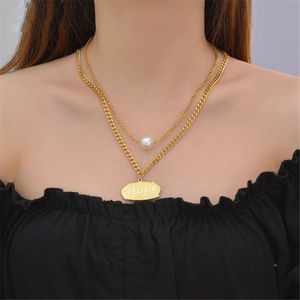 Pendant Necklaces 316L Stainless Steel Irregular Army Brand Letter Hope Pearl Double Layer Wearing Splicing Asymmetrical Necklace No Fade