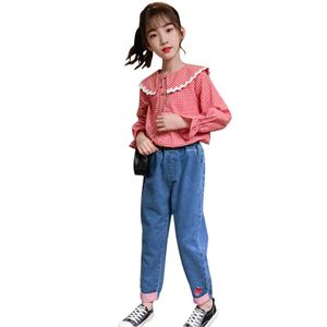 女の子デニム服の格子縞のブラウス+ジーンズのためのパッチワークのためのジーンズの服子供春秋子供のトラックスーツ210528