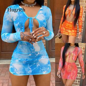 Spring 2 Piece Set Women Festival Clothing Printed Full Sleeves Crop Top Mini Skirt Matching Sets Sexy Two Piece Club Outfit X0428