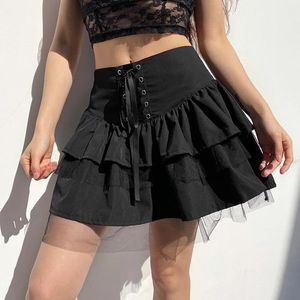 Saias 2021 Mulheres A-line Skirt Mesh Tulle High Perspective Perspective Lace-up Mini Prind Print Fashion Sexy Sexy Viajante Trajes de férias