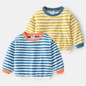 Vår Höst 2 3 4 5 6 7 8 9 10 år Barn Bomullskola Striped Färgglada Patchwork Sweatshirt för Baby Kids Boys 210529