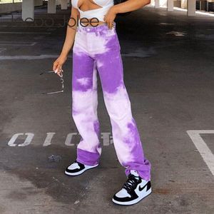 Mode Tie-Dye Skriv ut Wide Leg Jeans Casual High Waist Lösa långa byxor Kvinnor Sommar Hip Hop Trousers Streetwear 210428