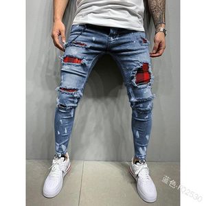 Jeans da uomo europei e americani stampati con fori, piedini elasticizzati