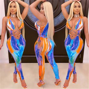 Women Painted Pattern Skinny Rompers Fashion Trend Hollow out Sling Lacing Tops Slim Trousers Designer Summer Female Navel Casual Jumpsuits