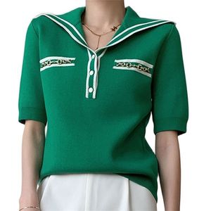 Korean Fashion Polo Collar T-shirt Temperament Navy College Short Sleeve Knitwear Summer Top Women clothing 210520