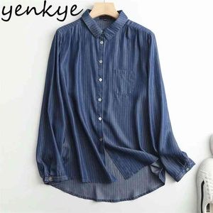 Vintage Blue Denim Blusskjorta Kvinnor Långärmad Lapel Collar Casual Loose Spring Shirts Plus Storlek Blusas 210514