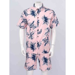 Листья шаблон пляжная одежда мужчины летние повседневные гавайские набор Купальники пляжная доска шорты днища с короткими рукавами блуза рубашки Tops G1222