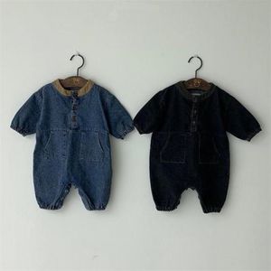 Autumn Winter Toddler Boy Clothes Kids Baby Girl Denim Romper Long Sleeve Jumpsuit Playsuit Outfit Set 211101