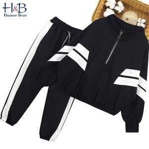 Mädchen Sport Kleidung Herbst Gestreiften Mantel + Hosen 2PCS Outfit Teenager College Stil Trainingsanzug für 4-13Y 210611