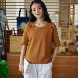 Johnature Women Chinese Style T-Shirts O-Neck Short Sleeve Button Solid Color Casual Clothes Summer Vintage Tshirts 210521