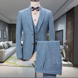 Abiti da Uomo Blazer (Giacca + Pantaloni + Gilet) Design Abito Lino Blu Slim Fit Matrimonio Casual Estate Spiaggia Sposo Uomo Blazer Terno Masculino