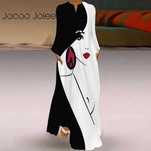 Jocoo Jolee Women Casual Long Sleeve V Neck Face Print Loft Long Dress Elegant Simple Straight Floor Length Dress Plus Size 3XL 210619