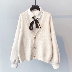 Autumn Winter Women Sweater Cardigans Lanter Sleeve Solod Candy Color Pink Knit Button Up V neck Casual Jacket 210430