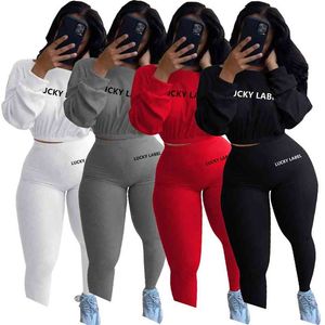 Lucky Label 2-teiliges Set Frauen Crop Top Leggings Lässige Süße Gestrickte Hohe Stretch Bodycon Jogger Outfit Großhandel Drop 210727