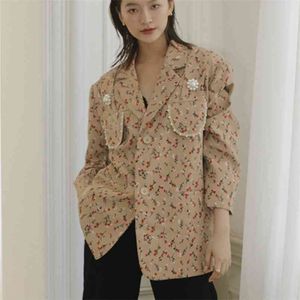 Vintage Floral Blazer Women Khaki Pearl Patch Designer Jacket Coat Fashion Spring Fall Suit Ladies Outwear 210514