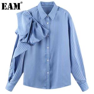 [EAM] Women Blue Striped Bow Big Size Blouse Lapel Long Sleeve Loose Fit Shirt Fashion Spring Autumn 1DD7108 210512
